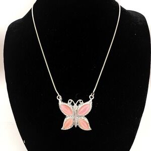 Silver Tone & Faux Pink Cats Eye Butterfly Pendant Necklace Y2K Mini Snake Chain